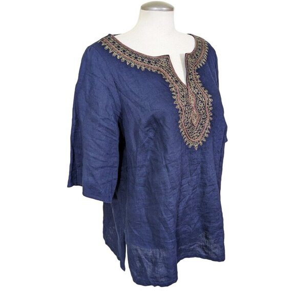 Saint Tropez West Womens Top 100% Linen Size 1X Navy Embroidered Elbow Sleeve - Picture 5 of 6